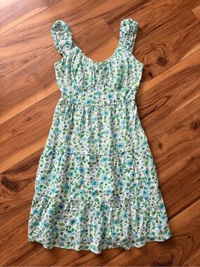 Women’s White Floral Midi Dress with Green & Teal Print